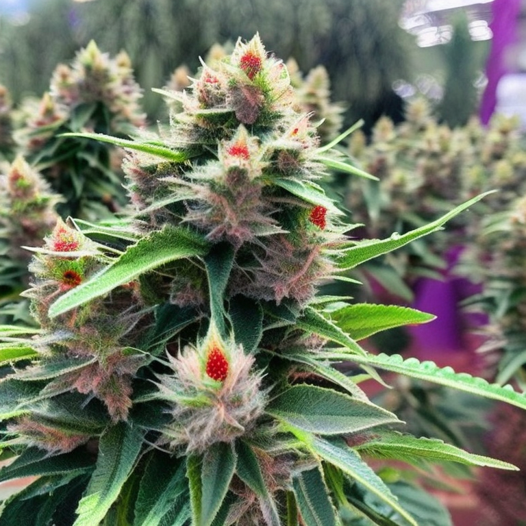 Close-up of vibrant cannabis plant with frosty cannabis flowers trichomes and red accents.