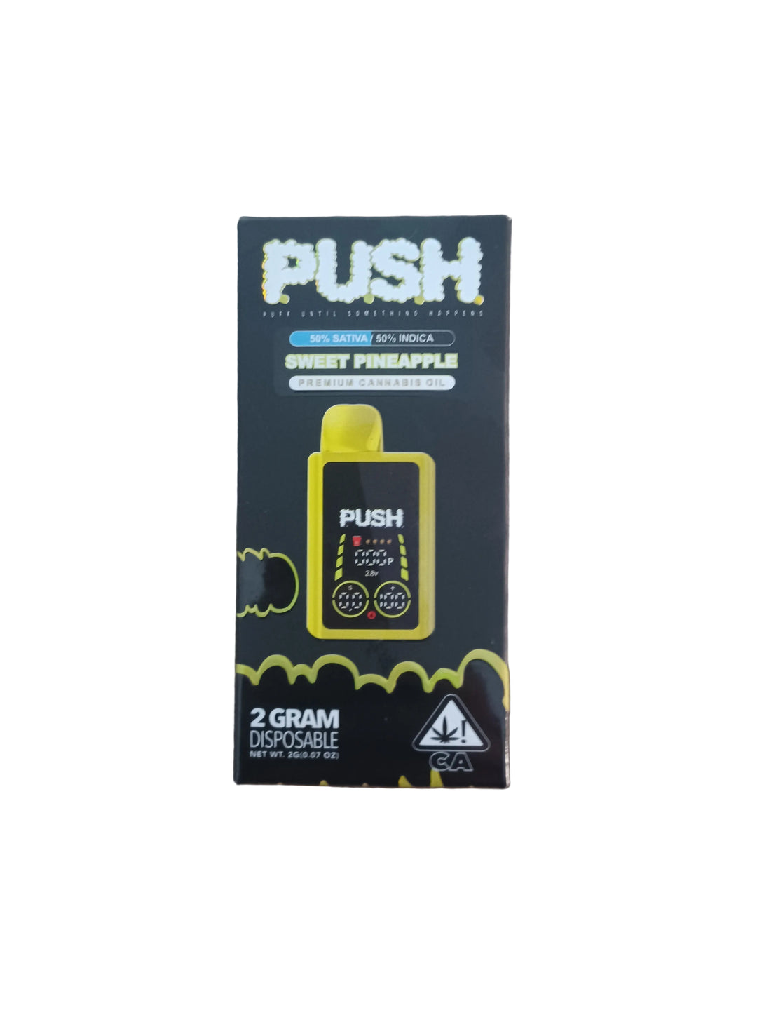 Push vape device packaging with yellow and black design on a white background