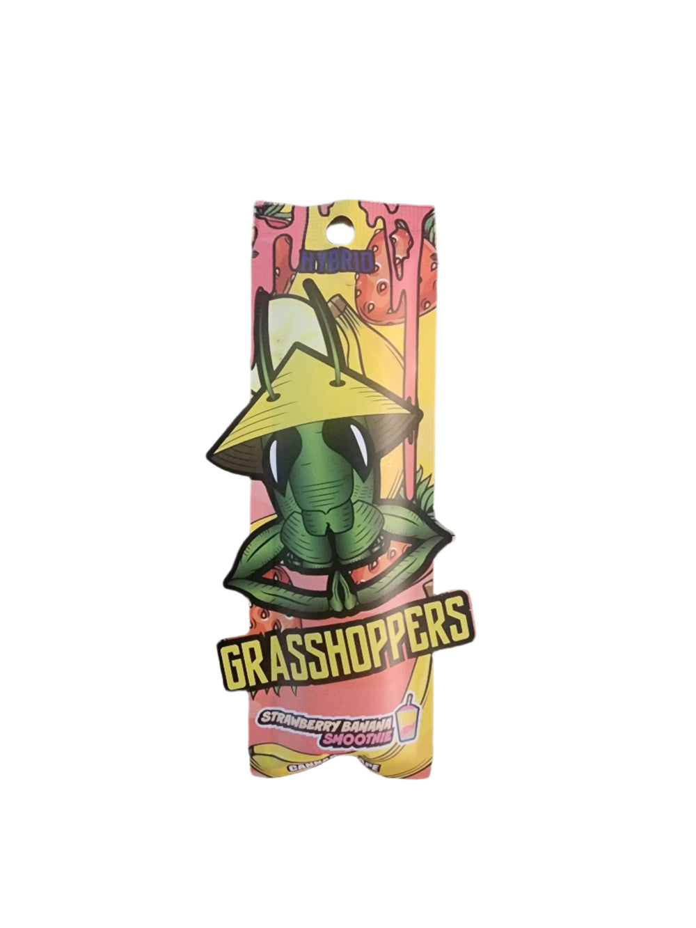 GRASSHOPPERS 1g disposable vape in Strawberry Banana Smoothie flavor with vibrant packaging featuring a cartoon grasshopper wearing a straw hat.