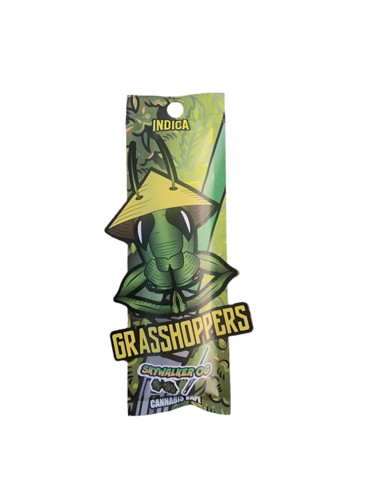 GRASSHOPPERS Skywalker OG disposable vape packaging featuring a green grasshopper illustration with a hat, labeled as Indica.