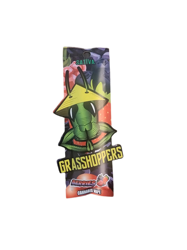 GRASSHOPPERS 1g Disposable Vape Berries packaging featuring a colorful design with a grasshopper illustration and Sativa label.