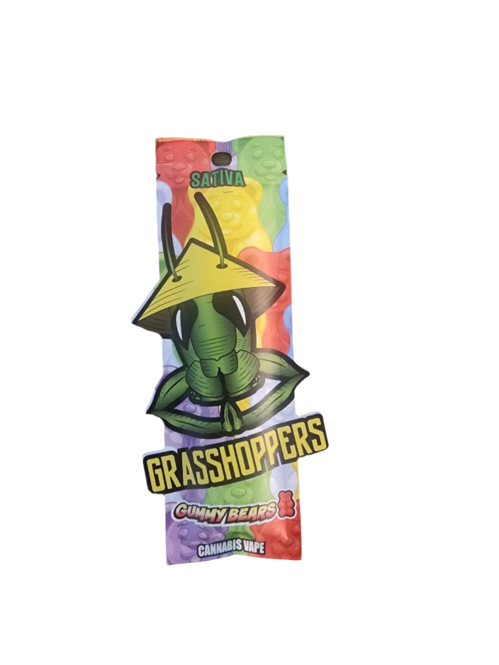 GRASSHOPPERS 1g disposable vape in Gummy Bear flavor with colorful packaging featuring a cartoon grasshopper and Sativa label.