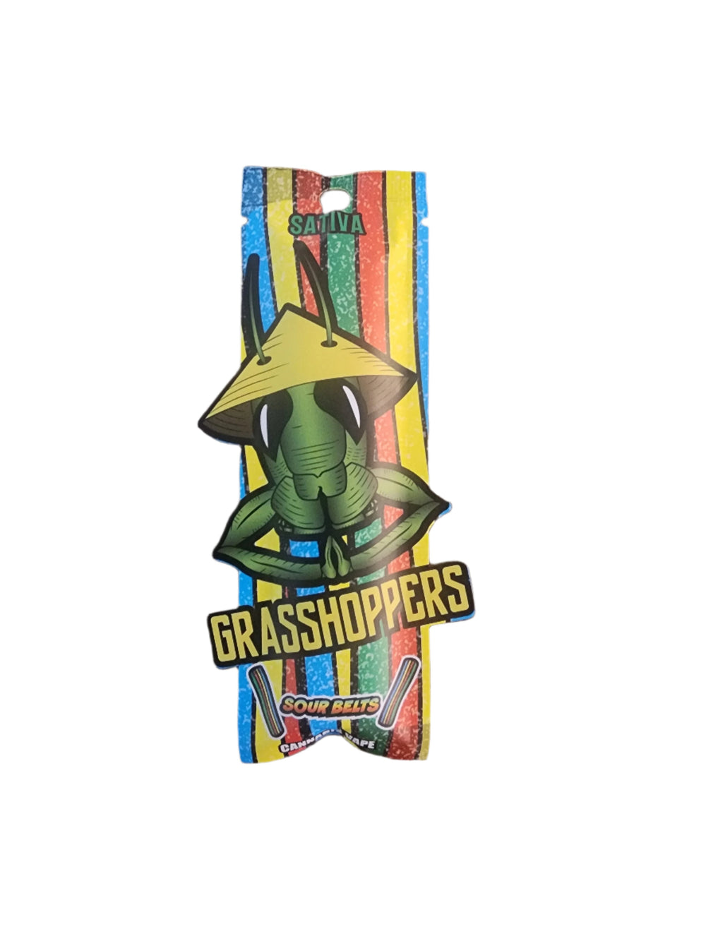GRASSHOPPERS 1g Disposable Vape SOUR BELTS packaging featuring a colorful striped background and a green grasshopper illustration. THC Disposable Vape -LaVern with Sour Belts flavor.