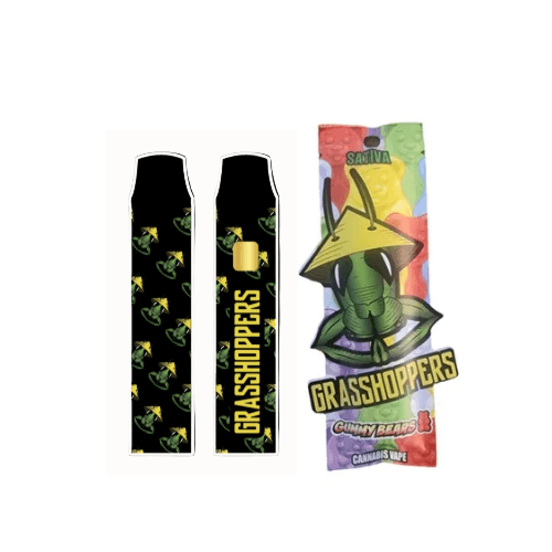 GRASSHOPPERS 1g disposable vape with Gummy Bear flavor featuring a sleek black design with green grasshopper graphics and branded packaging.