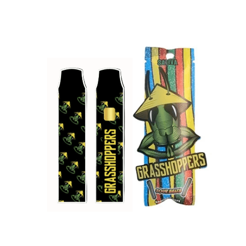 GRASSHOPPERS 1g THC Disposable Vape -LaVern in Sour Belts flavor with sleek black design featuring grasshopper graphics. Includes colorful Sour Belts packaging.