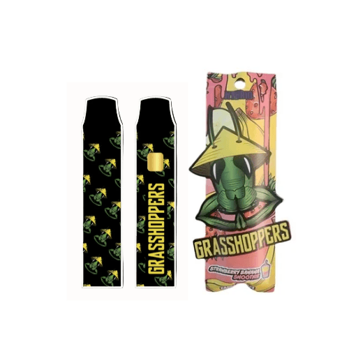 GRASSHOPPERS 1g disposable vape in Strawberry Banana Smoothie flavor with vibrant packaging featuring a grasshopper design. Portable and discreet THC vaporizer.