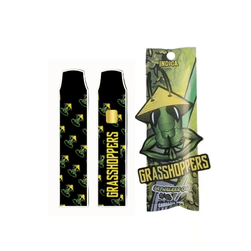 GRASSHOPPERS 1g disposable vape in Skywalker OG flavor with sleek black design featuring green grasshopper graphics and branded packaging.