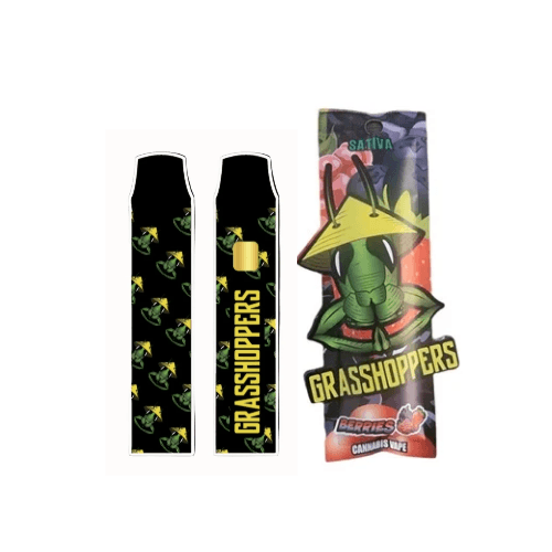 GRASSHOPPERS 1g Disposable Vape Berries with sleek black design featuring a grasshopper logo and vibrant packaging. Cannabis disposable vape with sweet berry flavor.