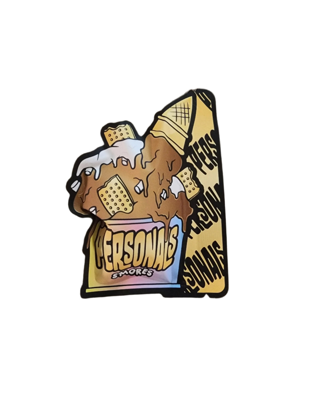 Personals Infused Flower - S'MORES packaging design featuring a colorful illustration of a s'mores dessert with chocolate, marshmallow, and graham crackers. Custom-shaped Mylar bag with bold branding.