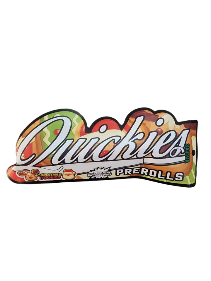 Quickies LIMITED TIME Infused Flavor Preroll – Christmas Cookies logo with vibrant holiday-themed design and bold lettering.