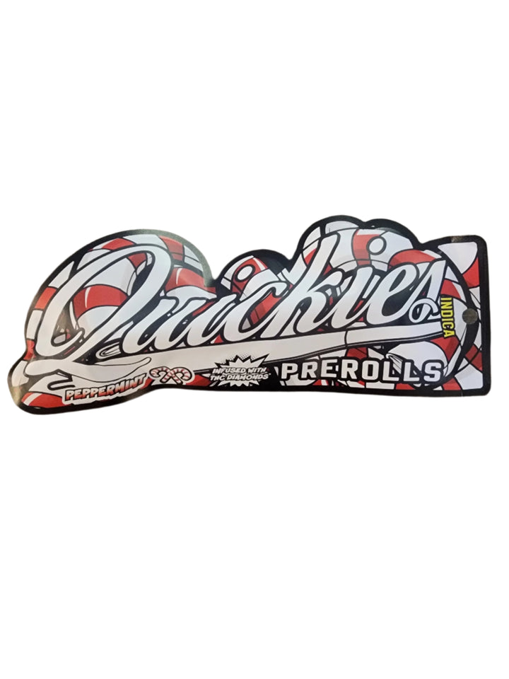 Quickies LIMITED TIME Peppermint Infused Preroll packaging with festive candy cane design and bold lettering. High-quality indica preroll for stress relief and relaxation.