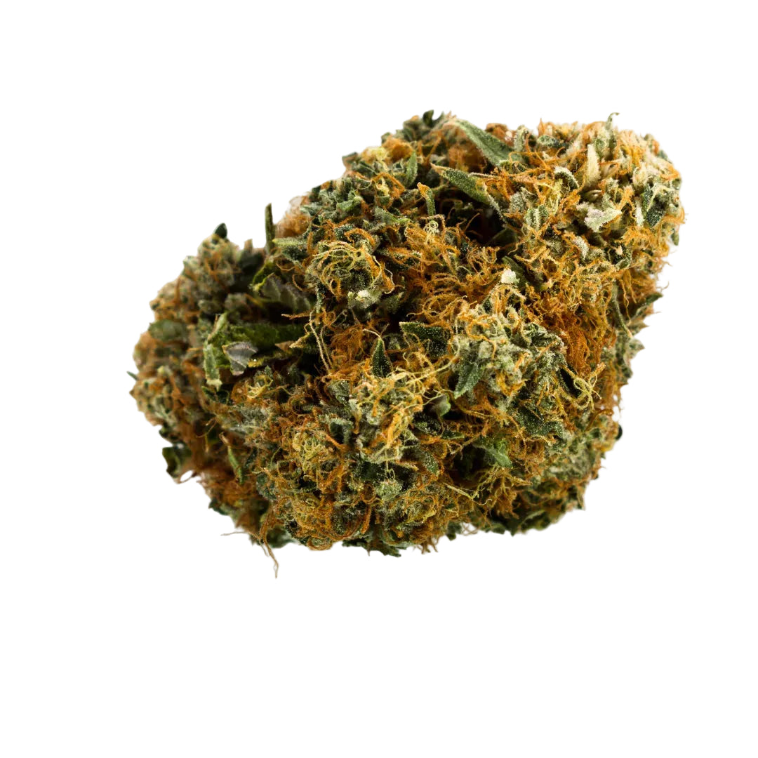 A dried cannabis bud with green and orange-yellow tones resting on a clear ice-like slab against a pale beige background.