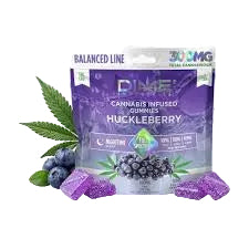 A package of DIVE Downs Cannabinoid Infused Gummies in Huckleberry flavor, shown with purple gummy candies, blueberries, and a green cannabis leaf on a white background.