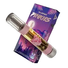 A pink and clear disposable vape pen with a gold inner chamber, shown next to its purple and pink packaging box labeled 'PINKVAP' and 'PINECRAFT'.