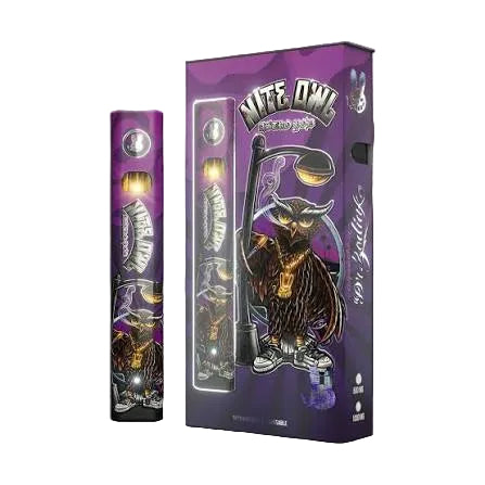 Purple vape pen and matching retail box featuring a stylized owl illustration and the text &