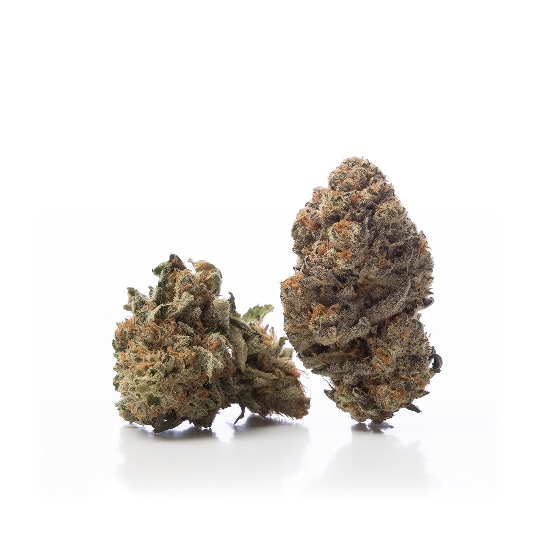 Two cannabis flowers, one larger and one smaller, with a green and brown color scheme, displaying dense buds and leaves.