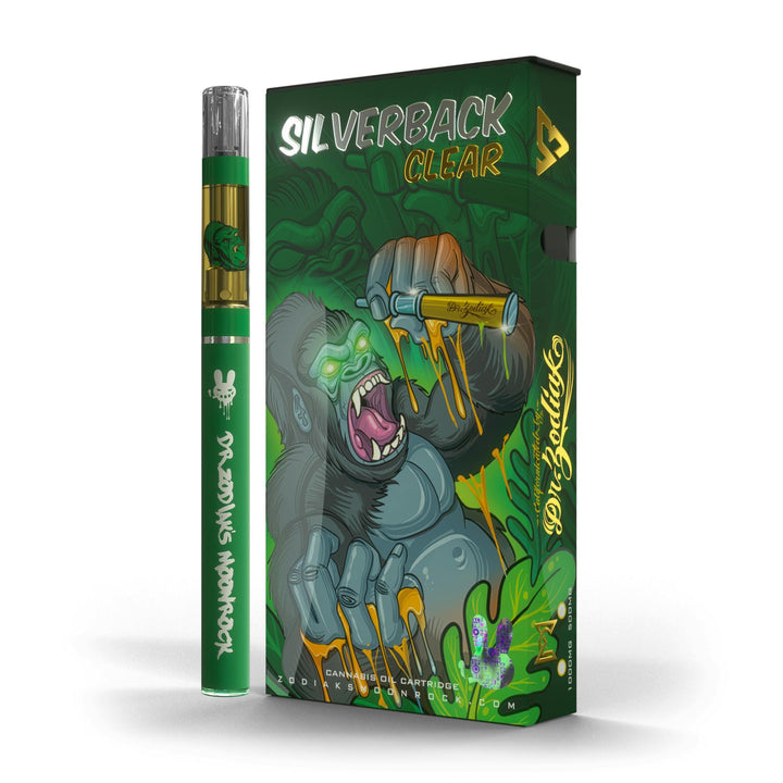 A silverback clear disposable vape pen standing next to its retail box. The packaging features a green gorilla graphic with yellow dripping paint and the text &