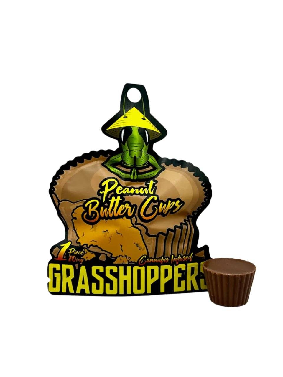 GRASSHOPPERS Cannabis Peanut Butter Cup packaging featuring a green grasshopper logo, with a single 10mg chocolate cup displayed in front.