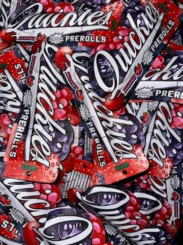 Quickies 1g Infused Preroll packaging with vibrant berry-themed design, highlighting SATIVA strain and 44.06% THC content.