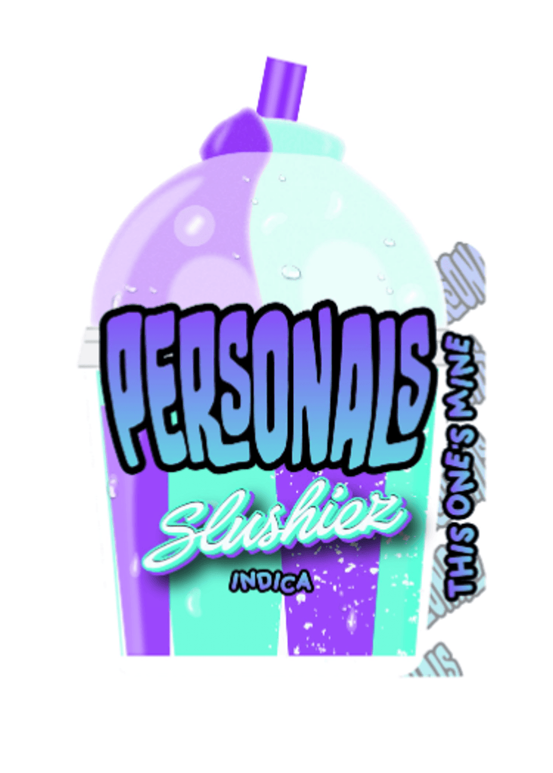 Personals Infused Flower  in Claremont- SLUSHIEZ packaging featuring a vibrant, slushie-themed design in purple and teal with bold text highlighting 'Indica'.