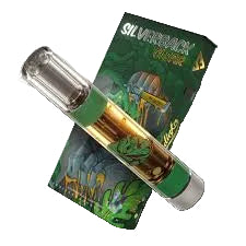 A clear glass vape pen with a green and gold striped pattern, shown next to its matching green packaging box on a gray background with a circular watermark.