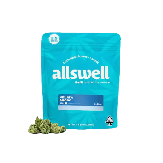 A bright turquoise stand-up pouch of Allswell cannabis flower - smalls, Gelato Urugay indica, with a small green cannabis bud placed in front on a clean white background.