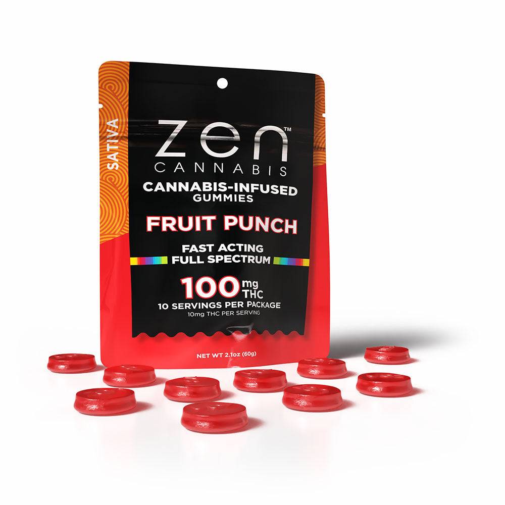 ZEN Cannabis Infused Gummies in Fruit Punch flavor, featuring 100mg THC per package with 10 servings. Red gummies displayed in front of the packaging.