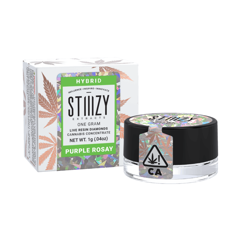 STIIIZY 1g Live Resin Diamonds Purple Rosay |THC  oils vape Pens OC concentrate in a black jar with holographic label, next to branded hybrid packaging featuring cannabis leaf design.