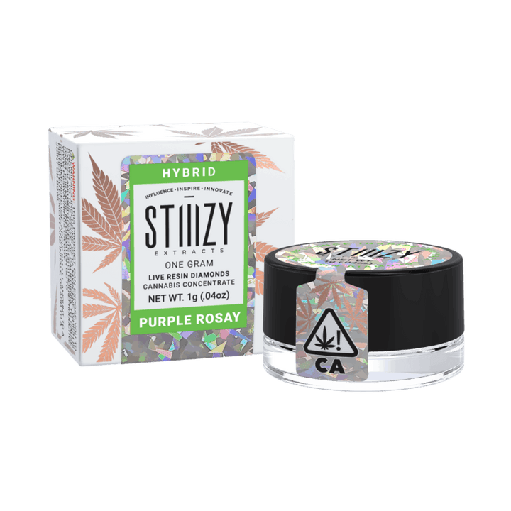 STIIIZY 1g Live Resin Diamonds Purple Rosay |THC  oils vape Pens OC concentrate in a black jar with holographic label, next to branded hybrid packaging featuring cannabis leaf design.