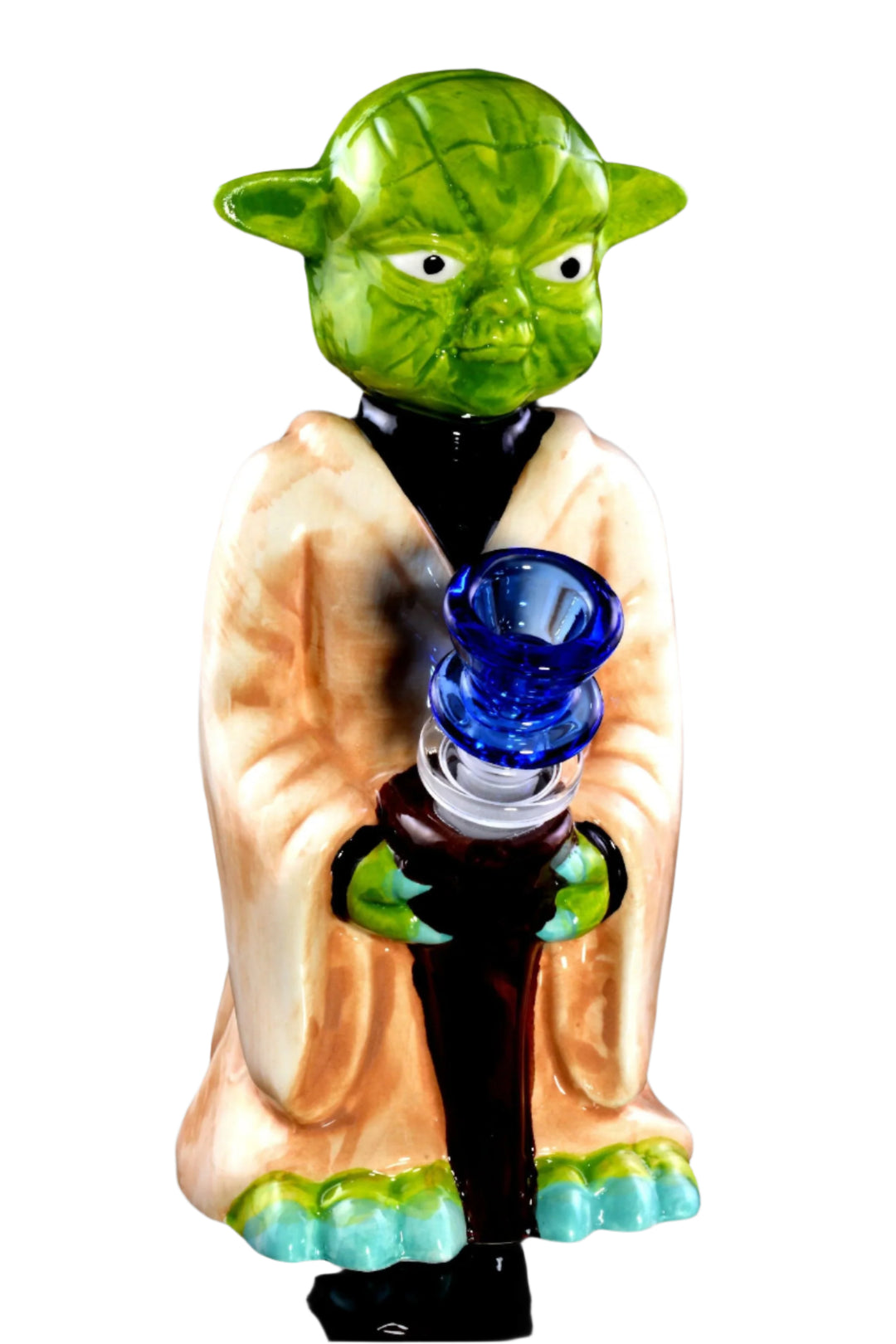 Ceramic Yoda water pipe featuring a detailed design with green head and beige robe, 8-inch size, 14.5mm female connection, ideal for smoking.