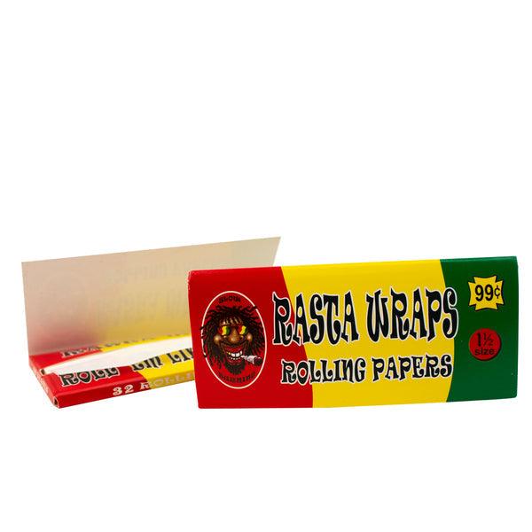 Rasta Wraps 1 1/2 size rolling papers with vibrant red, yellow, and green packaging, offering a smooth, slow burn for weed enthusiasts.